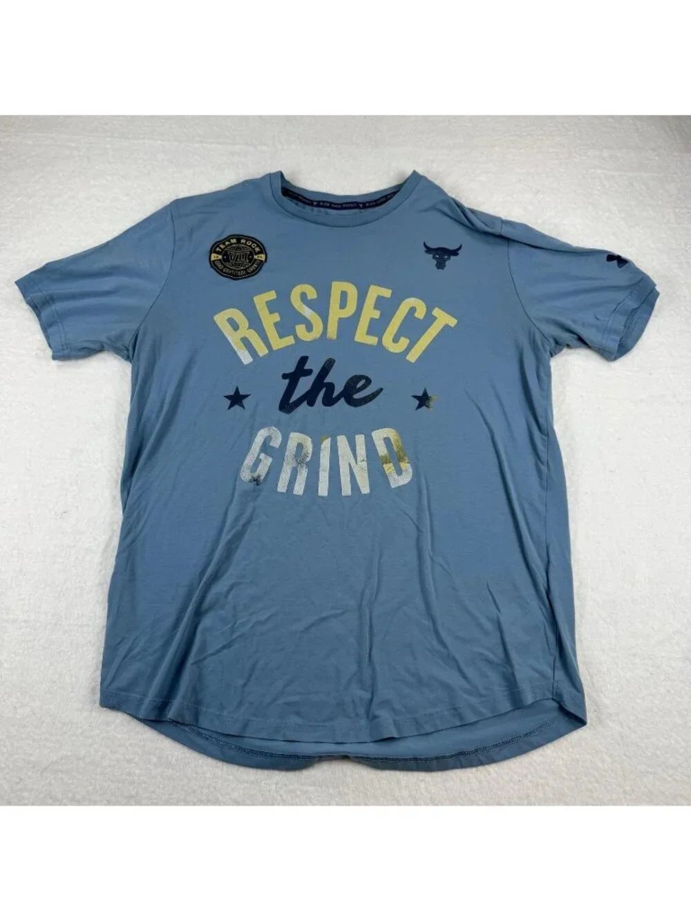 Under Armour Project Rock Shirt Mens Size L Blue Respect The Grind Graphic Gym